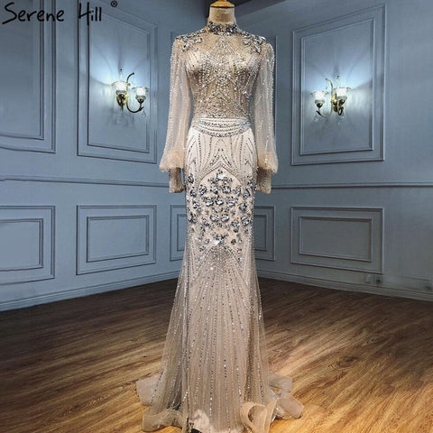 Silver Mermaid Luxury Beaded Evening Dress Gown Full Sleeves LA71036 (On Sale, No Return, No Refund)