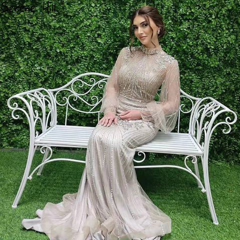 Silver Mermaid Luxury Beaded Evening Dress Gown Full Sleeves LA71036 (On Sale, No Return, No Refund)