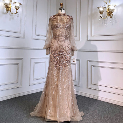 Silver Mermaid Luxury Beaded Evening Dress Gown Full Sleeves LA71036 (On Sale, No Return, No Refund)