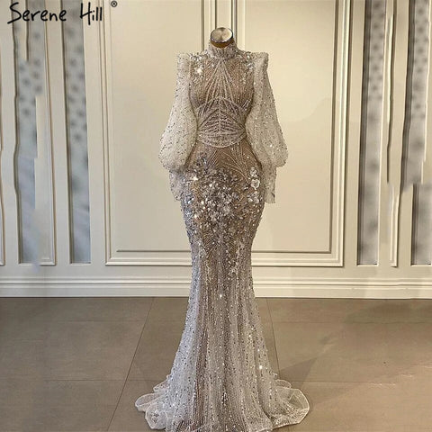 Silver Mermaid Luxury Beaded Evening Dress Gown Full Sleeves LA71036 (On Sale, No Return, No Refund)