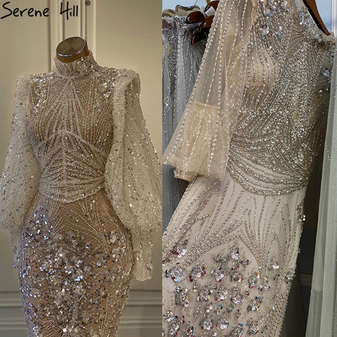Silver Mermaid Luxury Beaded Evening Dress Gown Full Sleeves LA71036 (On Sale, No Return, No Refund)