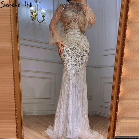 Silver Mermaid Luxury Beaded Evening Dress Gown Full Sleeves LA71036 (On Sale, No Return, No Refund)