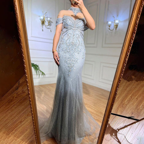 Silver Mermaid Luxury Evening Dresses Gowns Pearls Beaded Elegant For Woman Wedding Party LA71870