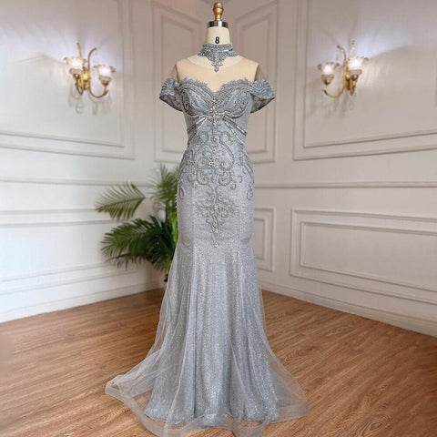 Silver Mermaid Luxury Evening Dresses Gowns Pearls Beaded Elegant For Woman Wedding Party LA71870
