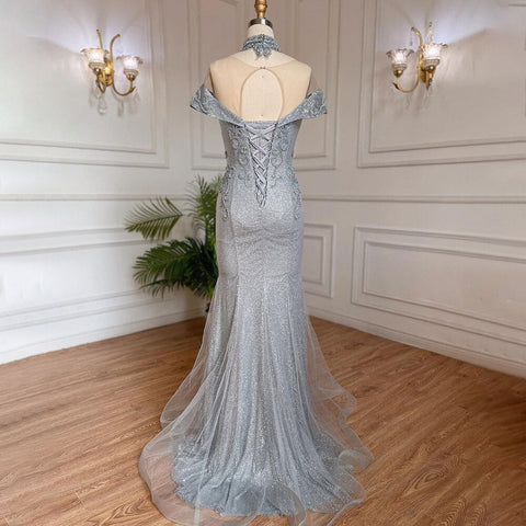 Silver Mermaid Luxury Evening Dresses Gowns Pearls Beaded Elegant For Woman Wedding Party LA71870