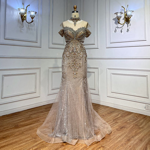 Silver Mermaid Luxury Evening Dresses Gowns Pearls Beaded Elegant For Woman Wedding Party LA71870