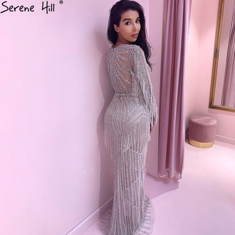 Robe de soirée de luxe argentée style sirène, élégante, avec perles et pompons, style musulman, pour femme, modèle LA71166, 2025 