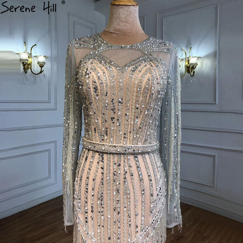 Robe de soirée de luxe argentée style sirène, élégante, avec perles et pompons, style musulman, pour femme, modèle LA71166, 2025 