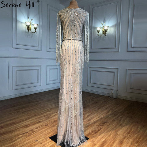 Robe de soirée de luxe argentée style sirène, élégante, avec perles et pompons, style musulman, pour femme, modèle LA71166, 2025 