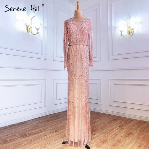 Robe de soirée de luxe argentée style sirène, élégante, avec perles et pompons, style musulman, pour femme, modèle LA71166, 2025 