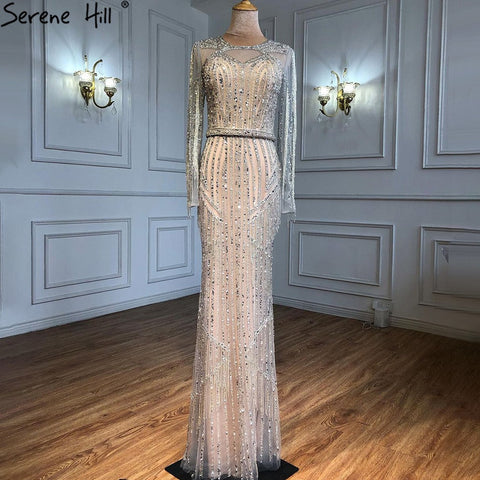 Robe de soirée de luxe argentée style sirène, élégante, avec perles et pompons, style musulman, pour femme, modèle LA71166, 2025 