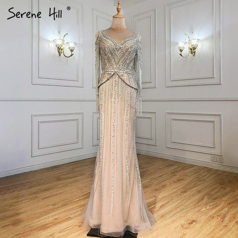 Elegante vestido de noche de lujo color nude plateado, corte sirena, con borlas y cuentas, para mujer, fiesta, LA71295 