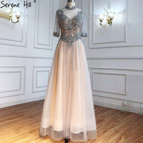 Silver Nude Luxury Evening Dresses Gowns 2025 Beaded A-Line Sexy For Woman Wedding Party  LA71186