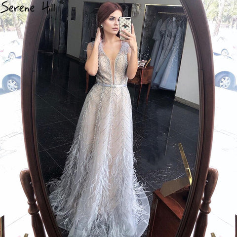 Silver Nude Luxury Evening Dresses Gowns 2025 Feathers Beading Sexy A-Line For Women Party LA70835