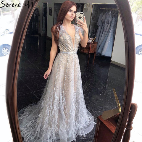 Silver Nude Luxury Evening Dresses Gowns 2025 Feathers Beading Sexy A-Line For Women Party LA70835