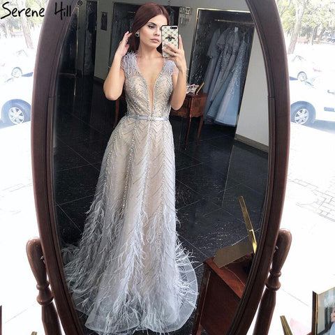 Silver Nude Luxury Evening Dresses Gowns 2025 Feathers Beading Sexy A-Line For Women Party LA70835