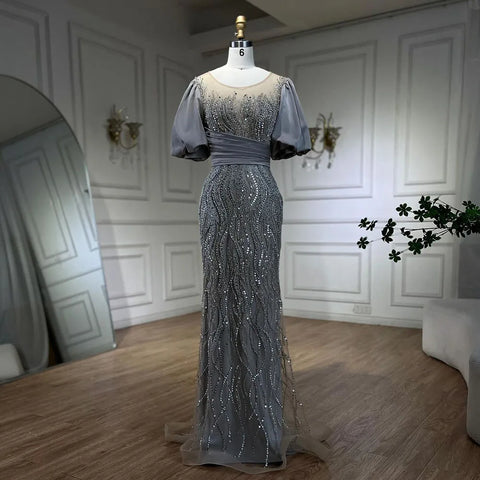 Silver Nude Luxury Mermaid  Beaded Evening Dresses Gowns  Puffy Sleeves Elegant For Women Party  LA70809