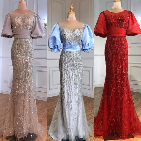 Silver Nude Luxury Mermaid  Beaded Evening Dresses Gowns  Puffy Sleeves Elegant For Women Party  LA70809