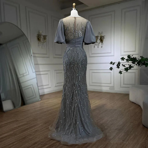 Silver Nude Luxury Mermaid  Beaded Evening Dresses Gowns  Puffy Sleeves Elegant For Women Party  LA70809