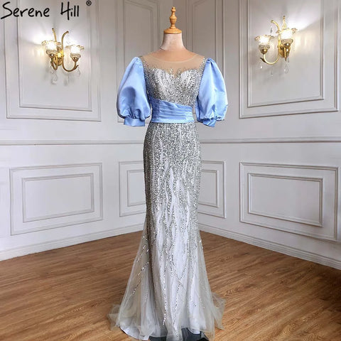 Silver Nude Luxury Mermaid  Beaded Evening Dresses Gowns  Puffy Sleeves Elegant For Women Party  LA70809