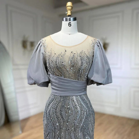 Silver Nude Luxury Mermaid  Beaded Evening Dresses Gowns  Puffy Sleeves Elegant For Women Party  LA70809