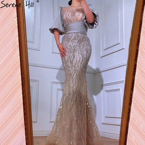 Silver Nude Luxury Mermaid  Beaded Evening Dresses Gowns  Puffy Sleeves Elegant For Women Party  LA70809