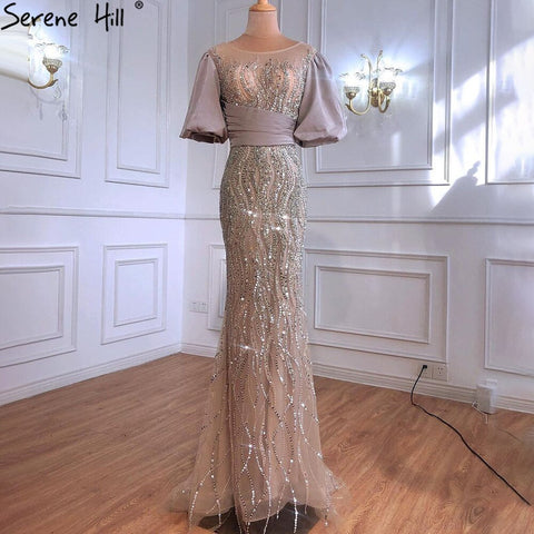 Silver Nude Luxury Mermaid  Beading Evening Dresses Gowns  Puffy Sleeves Elegant For Women Party  LA70809