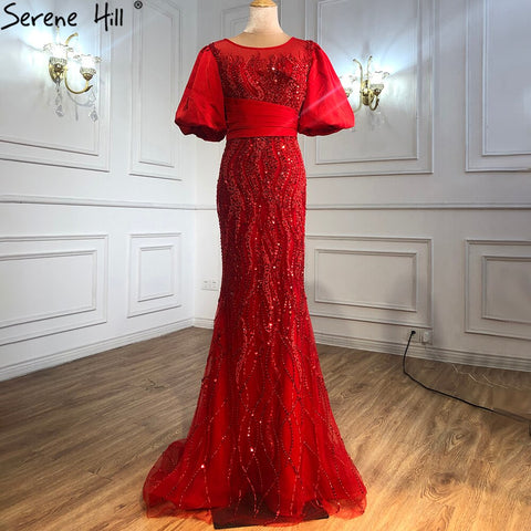 Silver Nude Luxury Mermaid  Beading Evening Dresses Gowns  Puffy Sleeves Elegant For Women Party  LA70809