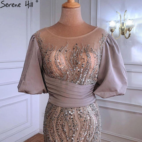 Silver Nude Luxury Mermaid  Beading Evening Dresses Gowns  Puffy Sleeves Elegant For Women Party  LA70809