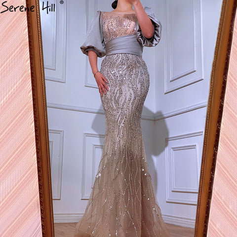Silver Nude Luxury Mermaid  Beading Evening Dresses Gowns  Puffy Sleeves Elegant For Women Party  LA70809