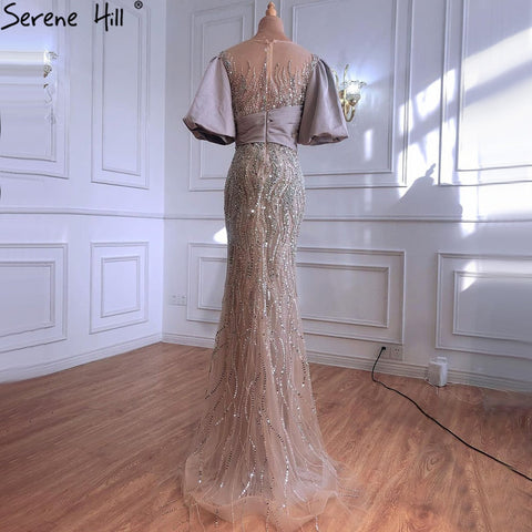 Silver Nude Luxury Mermaid  Beading Evening Dresses Gowns  Puffy Sleeves Elegant For Women Party  LA70809