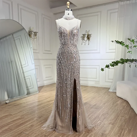 Silver Nude Mermaid Spaghetti with split Strap Beaded Evening Dresses Prom Gowns For Woman Party 2025 LA72047B