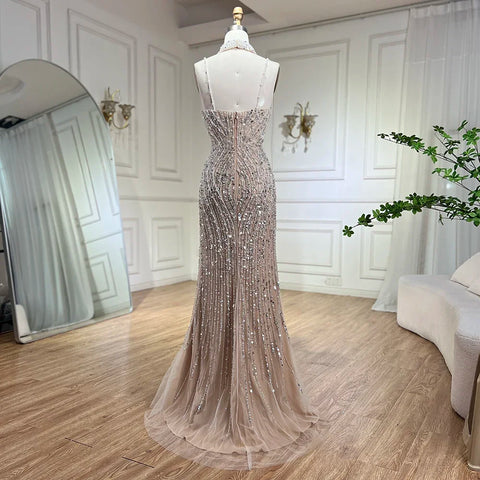 Silver Nude Mermaid Spaghetti with split Strap Beaded Evening Dresses Prom Gowns For Woman Party 2025 LA72047B