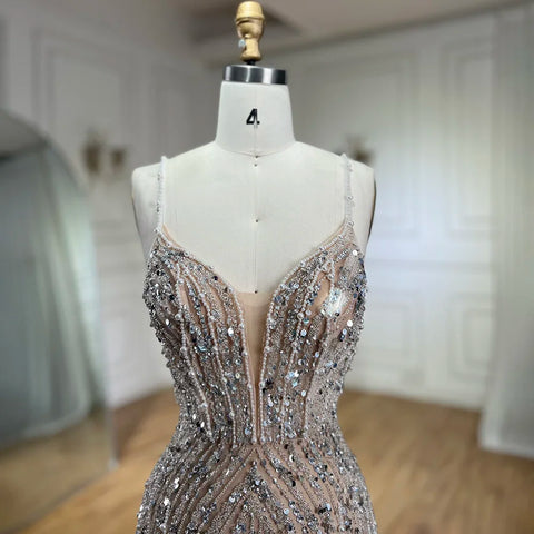 Silver Nude Mermaid Spaghetti with split Strap Beaded Evening Dresses Prom Gowns For Woman Party 2025 LA72047B
