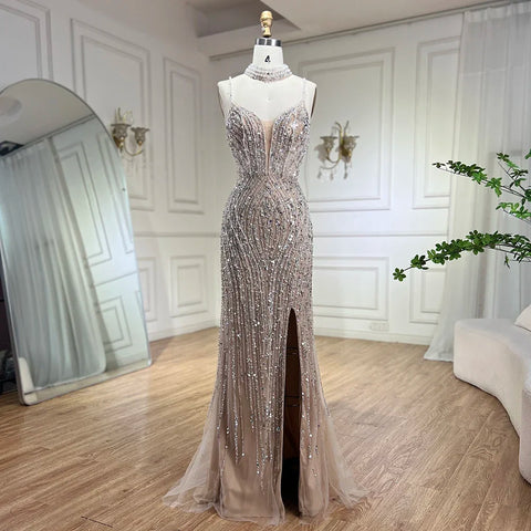 Silver Nude Mermaid Spaghetti with split Strap Beaded Evening Dresses Prom Gowns For Woman Party 2025 LA72047B