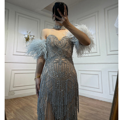 Silver Nude Strapless Mermaid Open Split Sexy Evening Dresses Luxury Beaded Tassel Party Gowns For Women LA72083