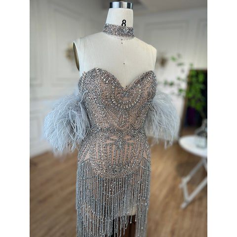 Silver Nude Strapless Mermaid Open Split Sexy Evening Dresses Luxury Beaded Tassel Party Gowns For Women LA72083