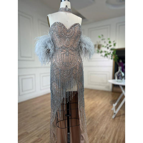 Silver Nude Strapless Mermaid Open Split Sexy Evening Dresses Luxury Beaded Tassel Party Gowns For Women LA72083