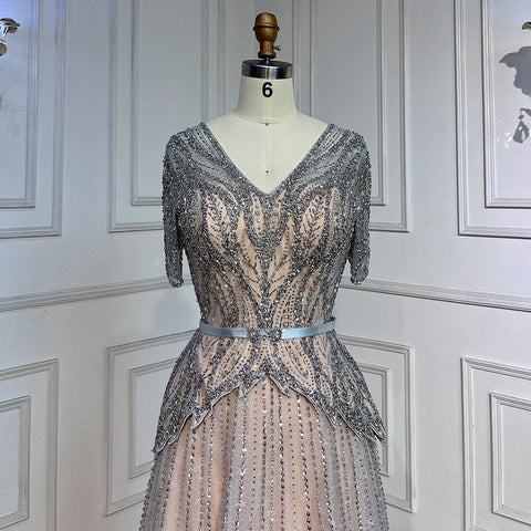 Silver Nude V-neck Short Sleeves A-line Evening Dresses 2025 Mother of the Bride Luxury Beaded Party Gowns LA72058