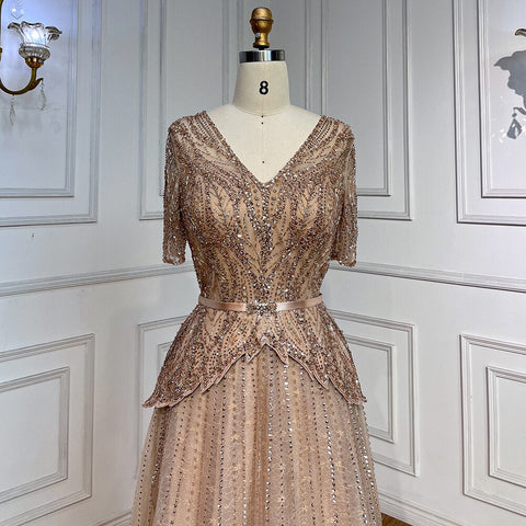 Silver Nude V-neck Short Sleeves A-line Evening Dresses 2025 Mother of the Bride Luxury Beaded Party Gowns LA72058