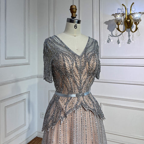 Silver Nude V-neck Short Sleeves A-line Evening Dresses 2025 Mother of the Bride Luxury Beaded Party Gowns LA72058