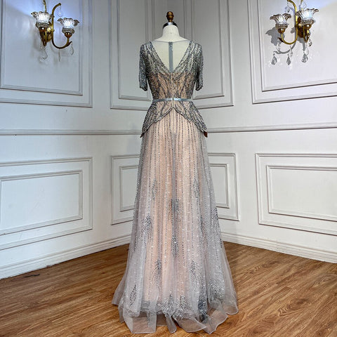 Silver Nude V-neck Short Sleeves A-line Evening Dresses 2025 Mother of the Bride Luxury Beaded Party Gowns LA72058