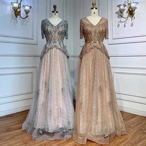 Silver Nude V-neck Short Sleeves A-line Evening Dresses 2025 Mother of the Bride Luxury Beaded Party Gowns LA72058