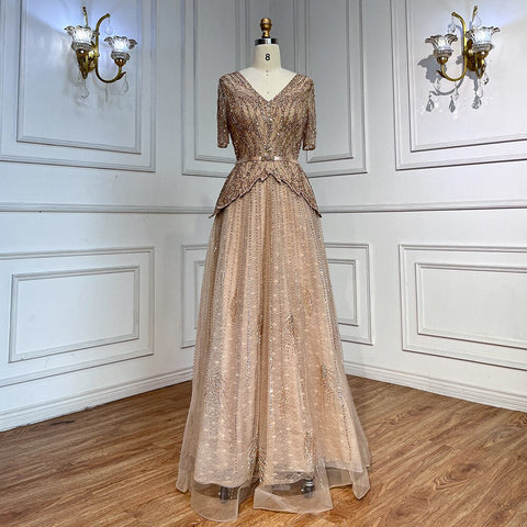 Silver Nude V-neck Short Sleeves A-line Evening Dresses 2025 Mother of the Bride Luxury Beaded Party Gowns LA72058