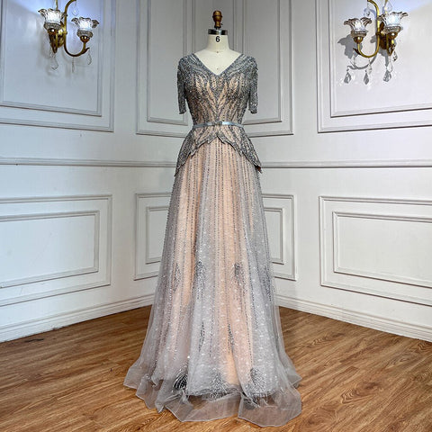 Silver Nude V-neck Short Sleeves A-line Evening Dresses 2025 Mother of the Bride Luxury Beaded Party Gowns LA72058