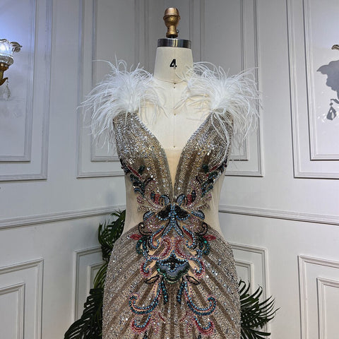 Silver Sexy High Split Deep Mermaid Luxury Feather Beads Evening Dresses Gowns For Women Wedding Party 2025 LA72011