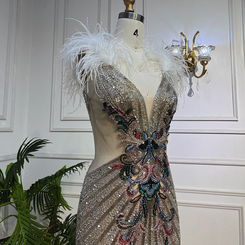 Silver Sexy High Split Deep Mermaid Luxury Feather Beads Evening Dresses Gowns For Women Wedding Party 2025 LA72011