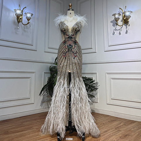 Silver Sexy High Split Deep Mermaid Luxury Feather Beads Evening Dresses Gowns For Women Wedding Party 2025 LA72011