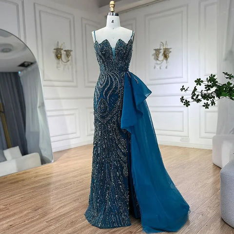 Sky Blue Spaghetti Strap Luxury Evening Dresses Gowns 2025 Mermaid Beaded Elegant Overskirt For Women Party LA72378
