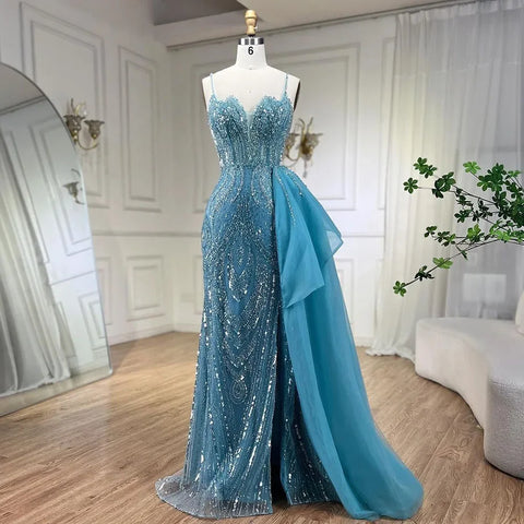 Sky Blue Spaghetti Strap Luxury Evening Dresses Gowns 2025 Mermaid Beaded Elegant Overskirt For Women Party LA72378